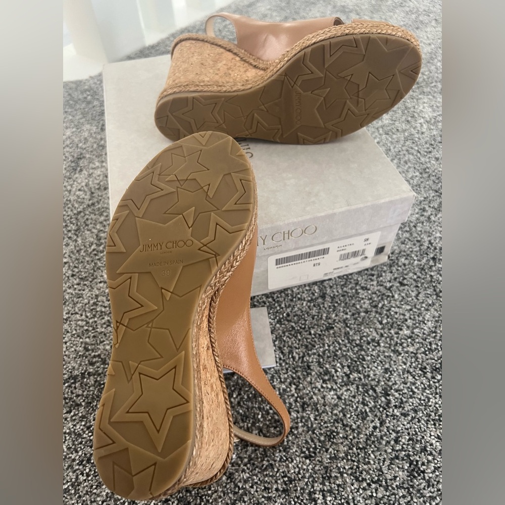 Jimmy Choo Carmel Brown Leather Wedge Sandals - Picture 12 of 13